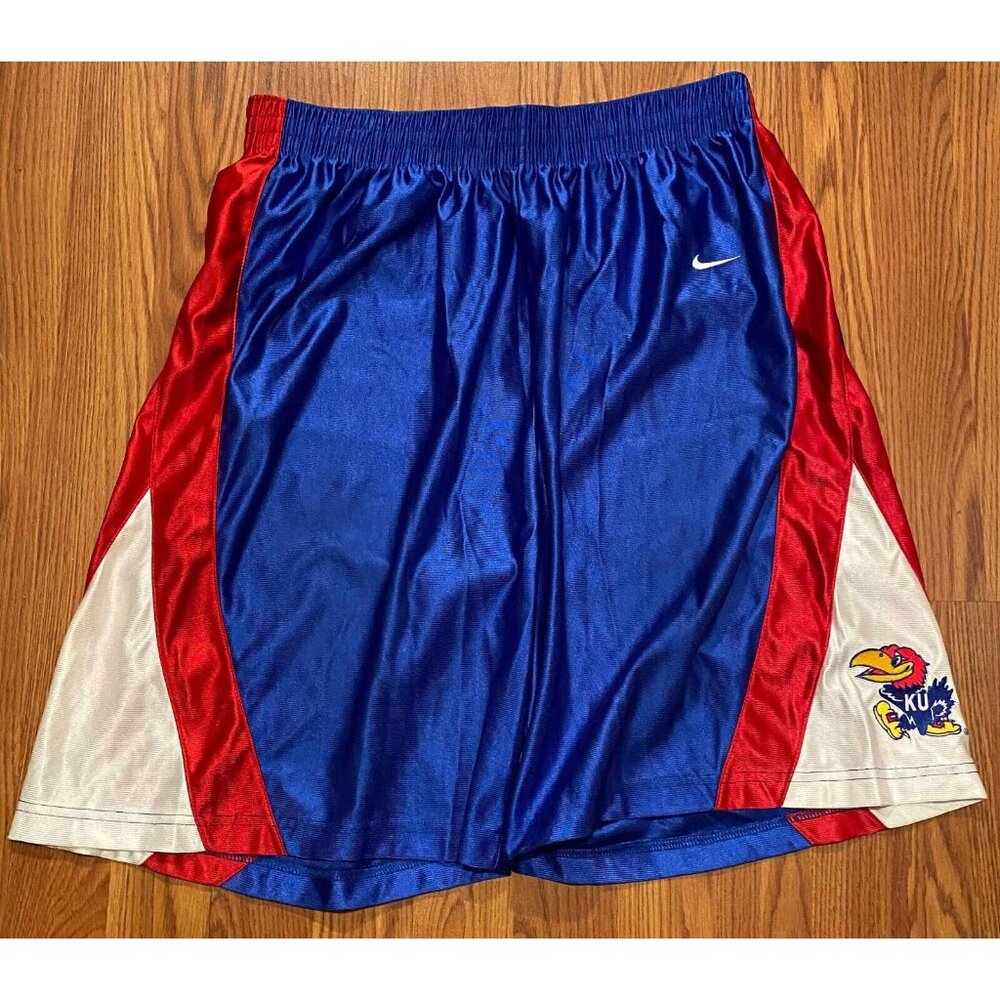 Vtg Nike Team Kansas KU JayHawks Mens L 9" Basketball Shorts Shiny Y2K Baggy